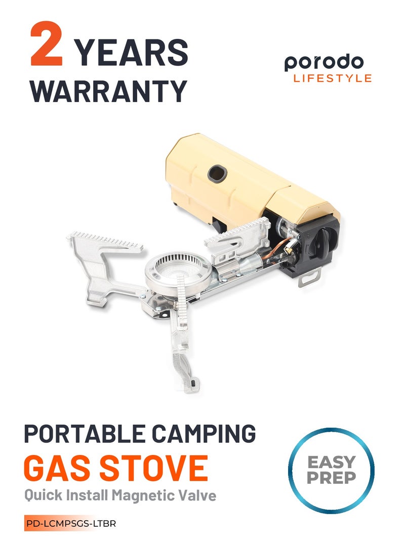 porodo - Camping Mini Portable Gas Stove Single Burner with 2600W Power Combustion and Electronic Ignition / Quick Install & Magnetic Valve / Easy Prep - Light Brown - Image 1