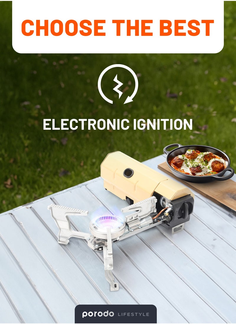 porodo - Camping Mini Portable Gas Stove Single Burner with 2600W Power Combustion and Electronic Ignition / Quick Install & Magnetic Valve / Easy Prep - Light Brown - Image 1