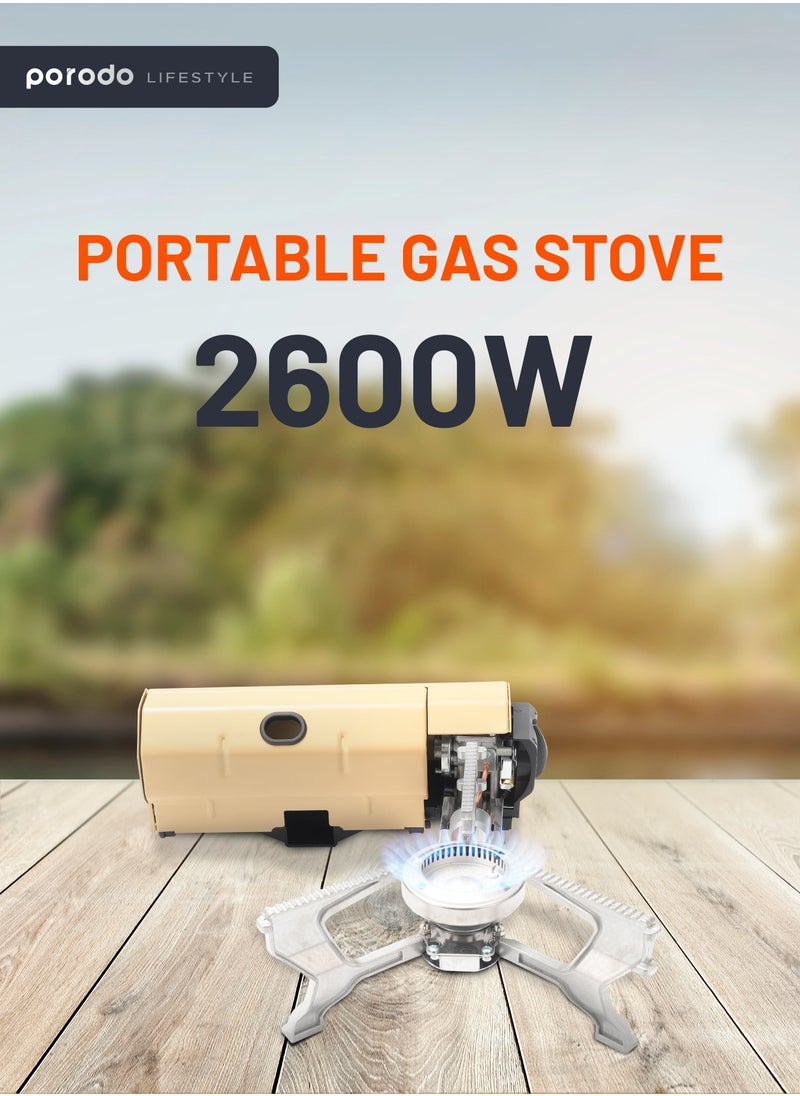 porodo - Camping Mini Portable Gas Stove Single Burner with 2600W Power Combustion and Electronic Ignition / Quick Install & Magnetic Valve / Easy Prep - Light Brown - Image 1