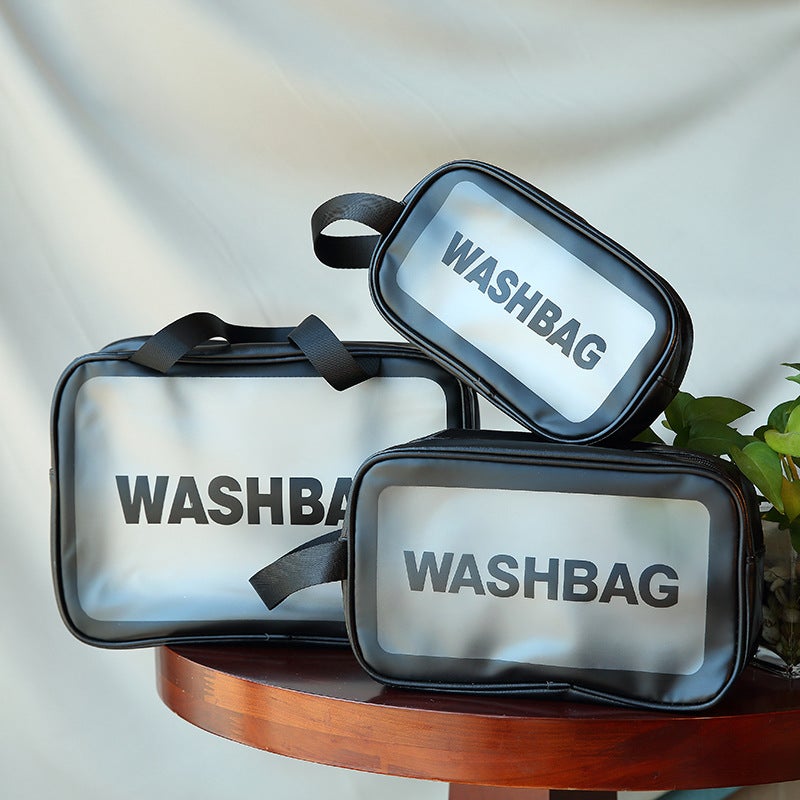 pu transparent three-piece makeup wash bag large capacity pvc bath bag translucent frosted portable storage bag for women Black three-piece set Black three-piece set
