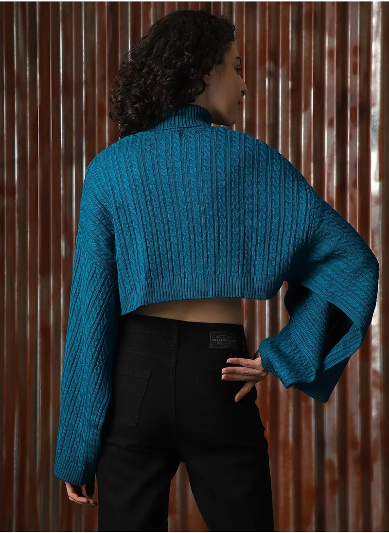 HIGH STAR Women's Teal 100% Acrylic Solid Sweater