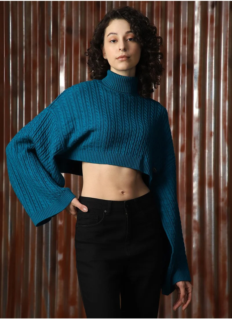 هاي ستار Women's Teal 100% Acrylic Solid Sweater