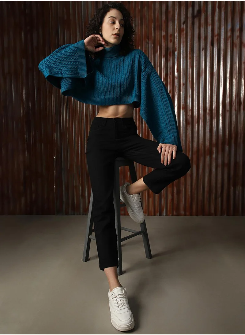 HIGH STAR Women's Teal 100% Acrylic Solid Sweater