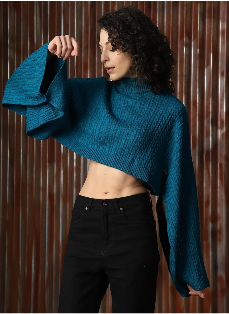 هاي ستار Women's Teal 100% Acrylic Solid Sweater