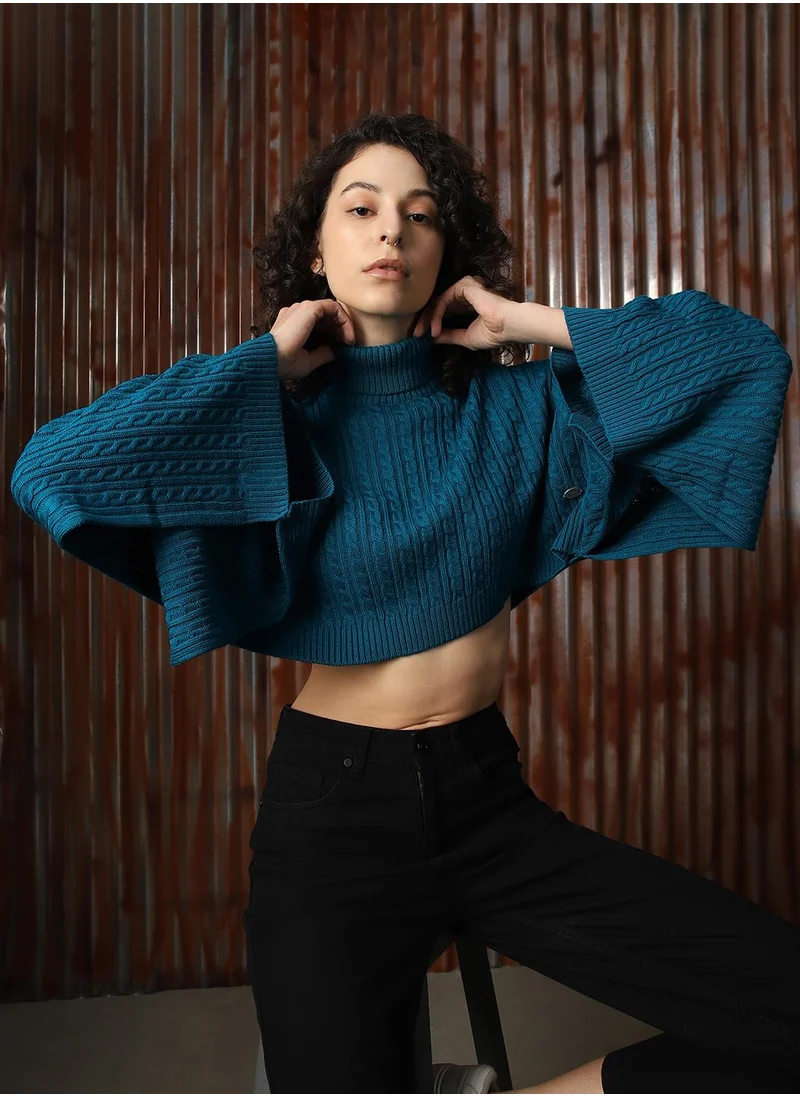 HIGH STAR Women's Teal 100% Acrylic Solid Sweater
