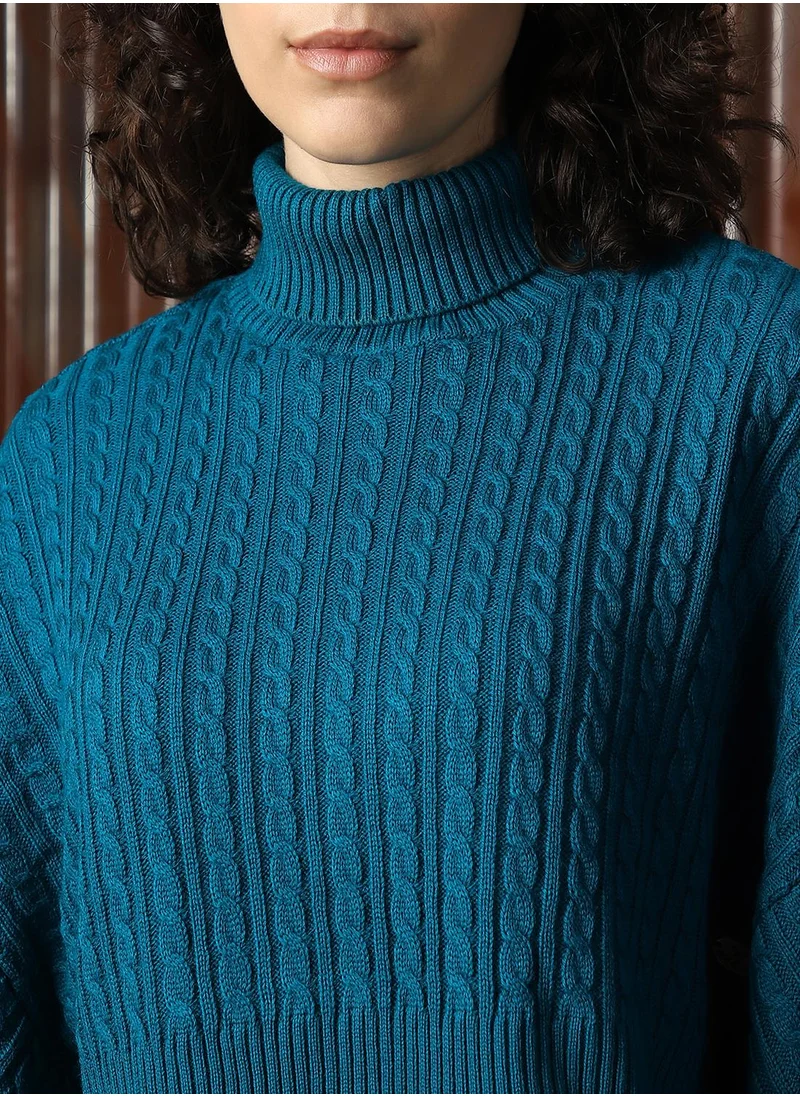 HIGH STAR Women's Teal 100% Acrylic Solid Sweater