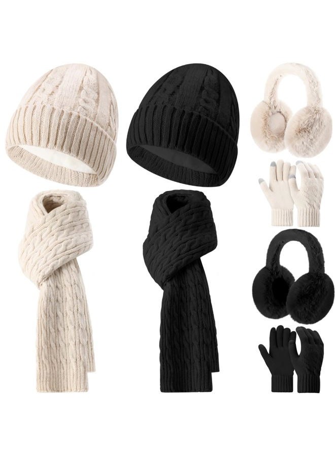Suhine 8 Pcs Winter Beanie Hat Scarf Gloves Ear Warmer set Warm Fleece Knit Hat Touch Screen Gloves Earmuff for Women men, Black, Beige, One size - Image 1