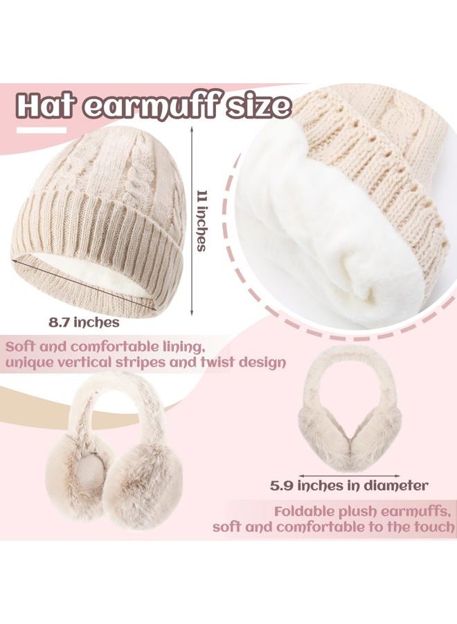 Suhine 8 Pcs Winter Beanie Hat Scarf Gloves Ear Warmer set Warm Fleece Knit Hat Touch Screen Gloves Earmuff for Women men, Black, Beige, One size - Image 2