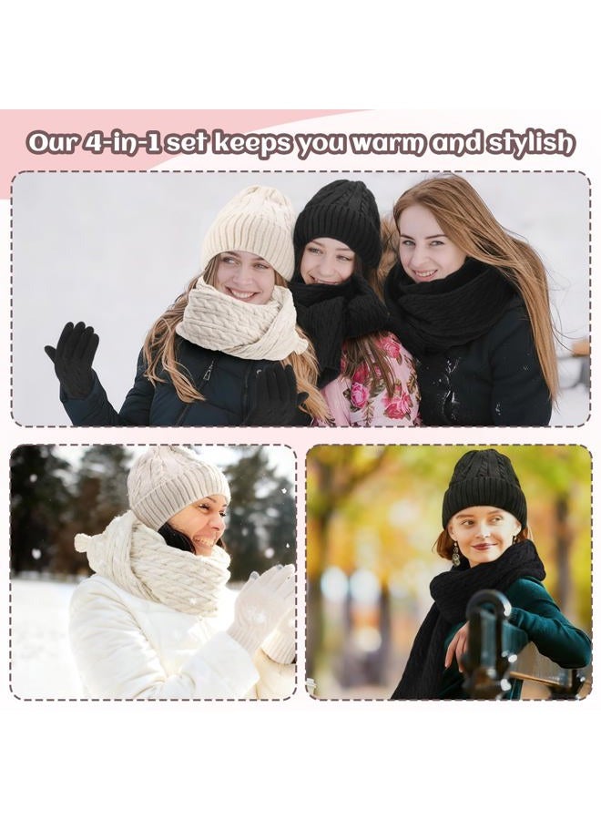 Suhine 8 Pcs Winter Beanie Hat Scarf Gloves Ear Warmer set Warm Fleece Knit Hat Touch Screen Gloves Earmuff for Women men, Black, Beige, One size - Image 5