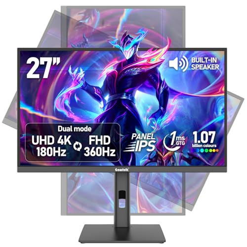 Gawfolk 27 inch IPS Gaming Computer Monitor, UHD 3840x2160 4K 180Hz / FHD 360Hz Dual Mode PC Screen, 1.07 Billion Colours, Adaptive Sync, Height Adjustable,Built-in Speaker,HDMI 2.1 & DP1.4,Black - Image 1
