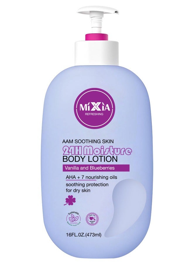 MIXIA 24-Hour Moisture Body Lotion Skin Care, Made with Vanilla and Blueberries, AHA + 7 Nourishing Oils Soothing Protection for Dry Skin, 16 fl oz - Image 1
