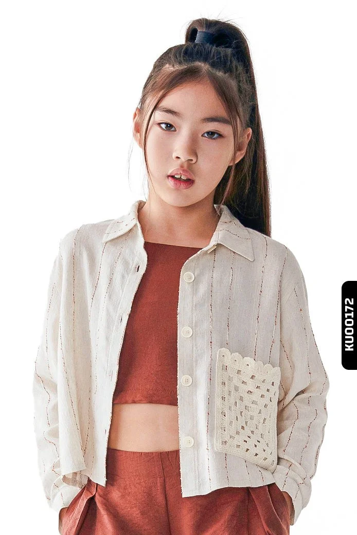 NK Kids Girls' Shirt with Pointed Collar, Striped Appliqué, Side Pockets, and Button Closure, Ages 8-14, Size 36338