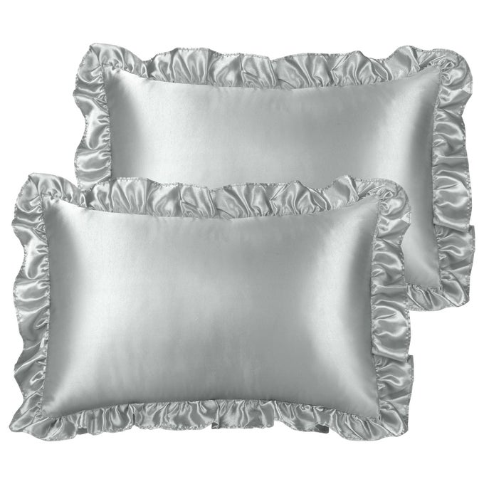 LUXURY RUFFLED PILLOW SHAMS SET OF 2 RETRO SILKY PILLOW COVER WITH RUFFLE 85 GSM SATIN PILLOWCASES WITH ENVELOPE CLOSURE QUEEN SILVER GREY