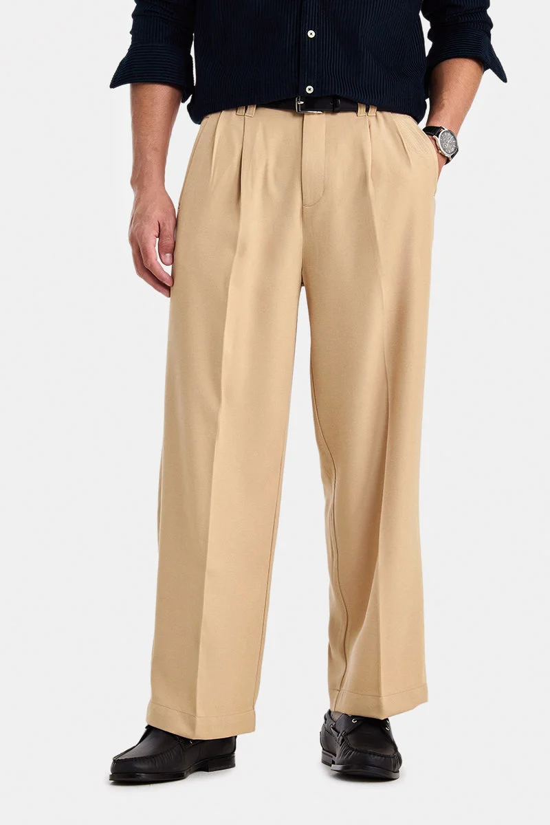 SNITCH Beige Solid Loose Fit Casual Trousers