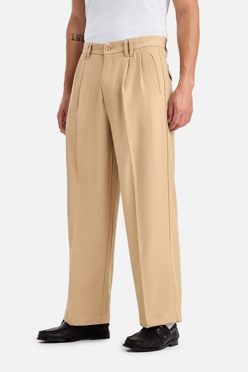 SNITCH Beige Beige Solid Loose Fit Casual Trousers for Men | Best Price UAE
