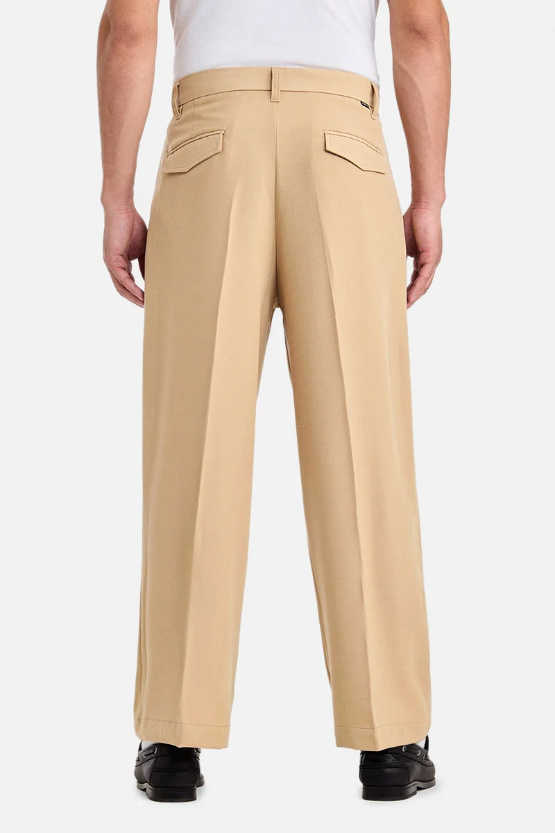 SNITCH Beige Beige Solid Loose Fit Casual Trousers for Men | Best Price UAE