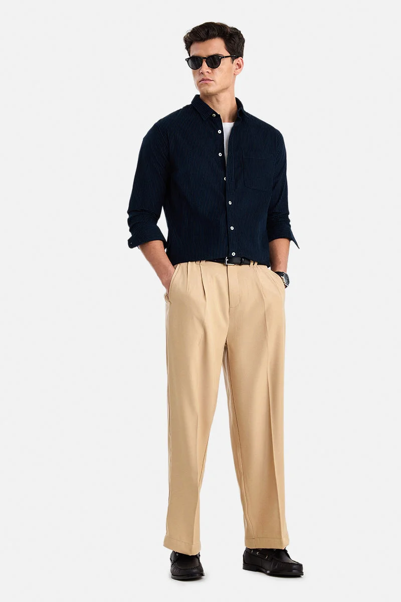 SNITCH Beige Solid Loose Fit Casual Trousers