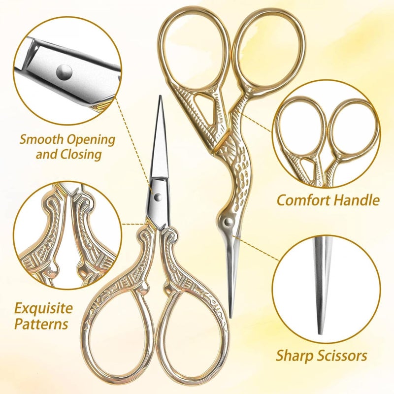 AQUEENLY Embroidery Scissors, Stainless Steel Sharp Stork Scissors for Sewing Crafting, Art Work, Threading, Needlework - DIY Tools Dressmaker Small Shears - 2 Pcs (3.6 Inches, Gold) - Image 4