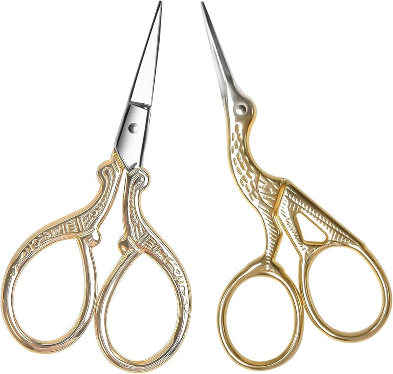 AQUEENLY Embroidery Scissors, Stainless Steel Sharp Stork Scissors for Sewing Crafting, Art Work, Threading, Needlework - DIY Tools Dressmaker Small Shears - 2 Pcs (3.6 Inches, Gold) - Image 1