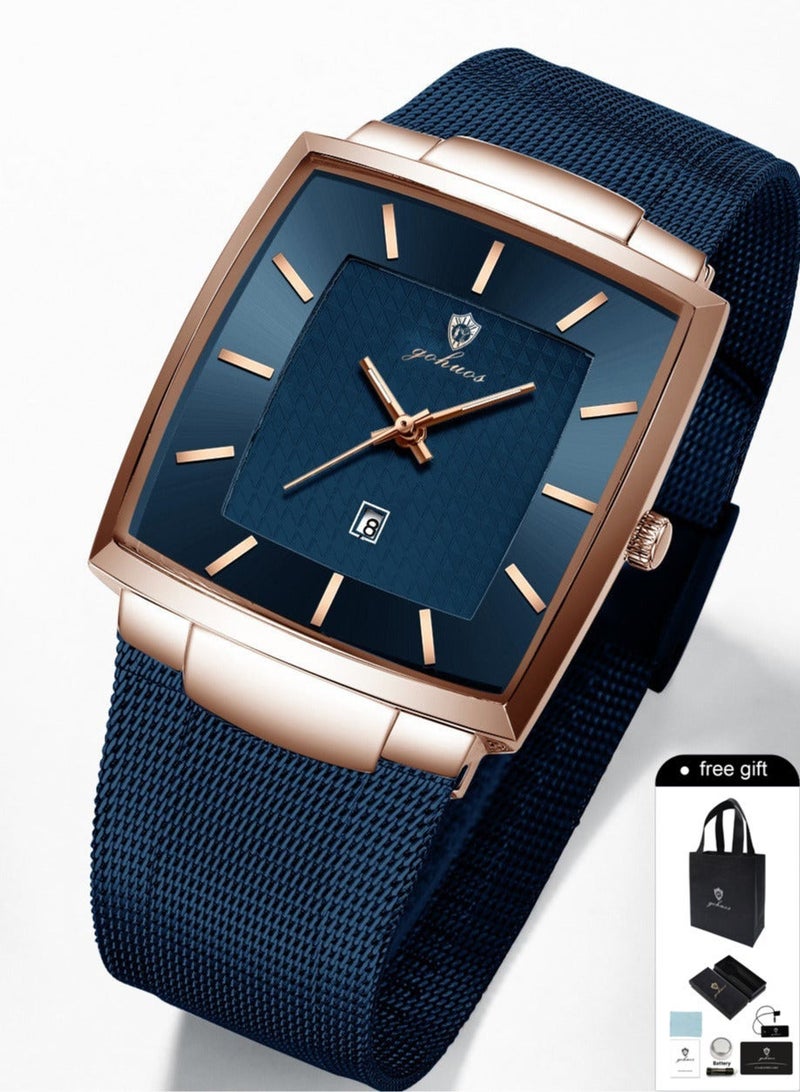GOHUOS Watches for Men，Luxury Waterproof Sport Quartz Analog Square Business Fashion Wrist Watch for Men with Stainless Steel Mesh Strap Date Calendar - 48mm - Image 1