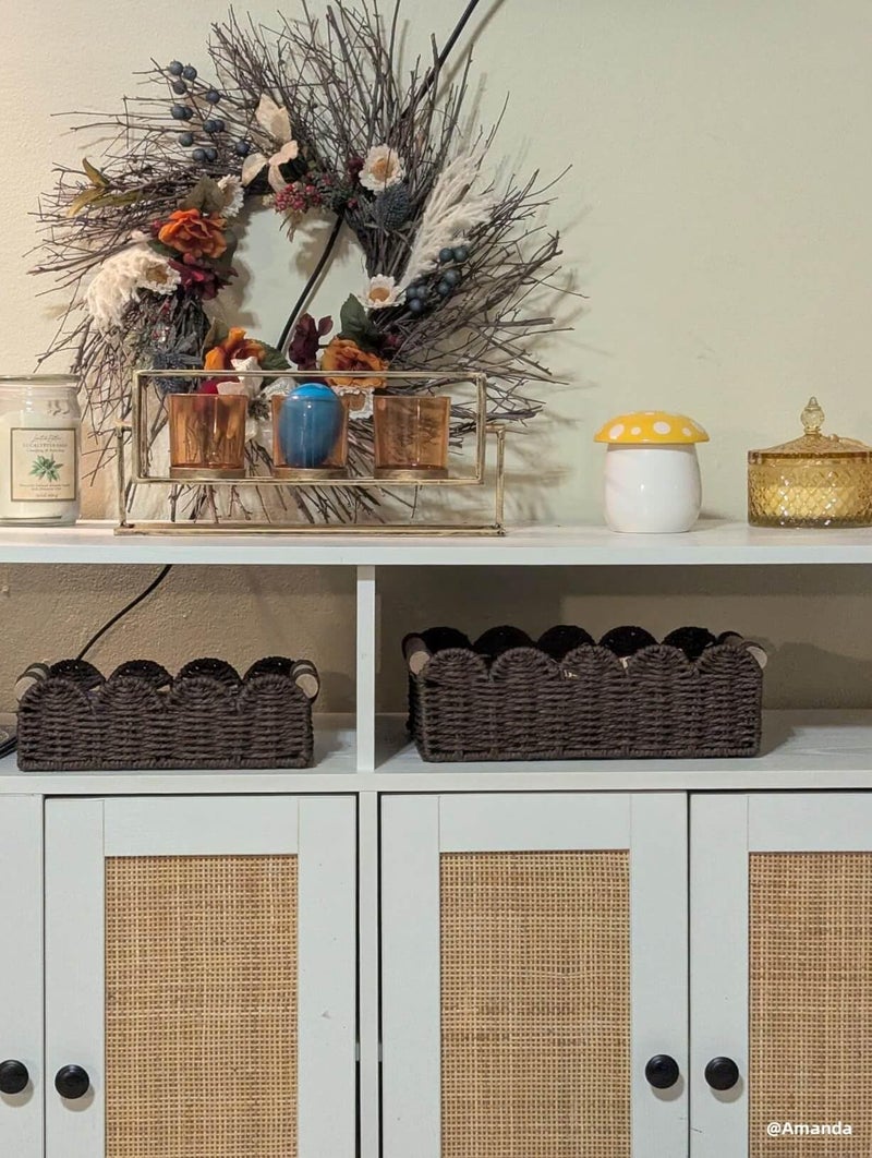 CubesLand Paper Rope Scalloped Edge Shelves Baskets Set 2, Idea for Over Toilet Storage Shelf, End Table, Nightstand, Toilet Tank Basket with 2 Wood Handle, Stylist&Useful Both Storage&Decor, Brown - Image 2