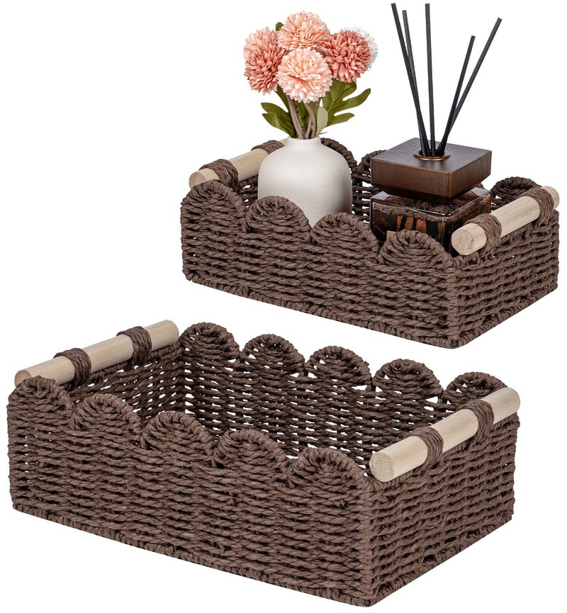 CubesLand Paper Rope Scalloped Edge Shelves Baskets Set 2, Idea for Over Toilet Storage Shelf, End Table, Nightstand, Toilet Tank Basket with 2 Wood Handle, Stylist&Useful Both Storage&Decor, Brown - Image 1
