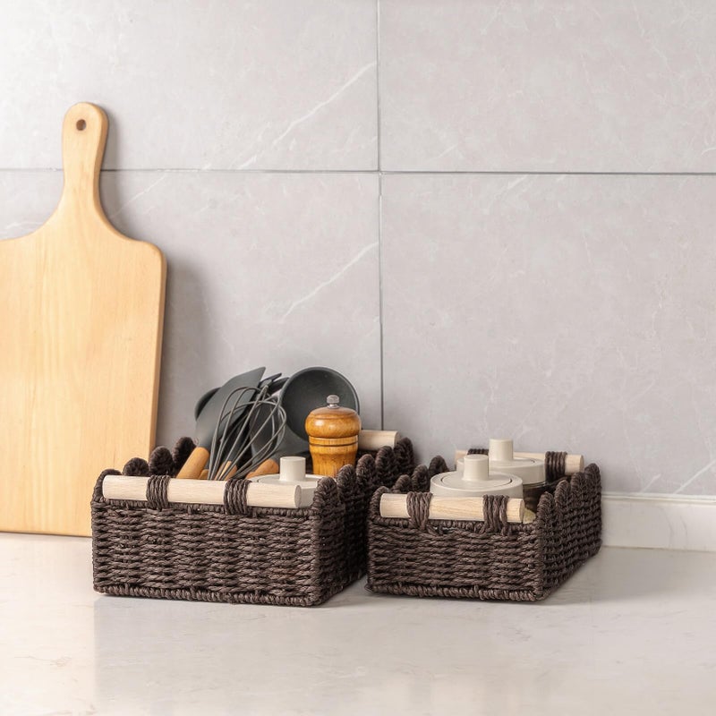 CubesLand Paper Rope Scalloped Edge Shelves Baskets Set 2, Idea for Over Toilet Storage Shelf, End Table, Nightstand, Toilet Tank Basket with 2 Wood Handle, Stylist&Useful Both Storage&Decor, Brown - Image 5