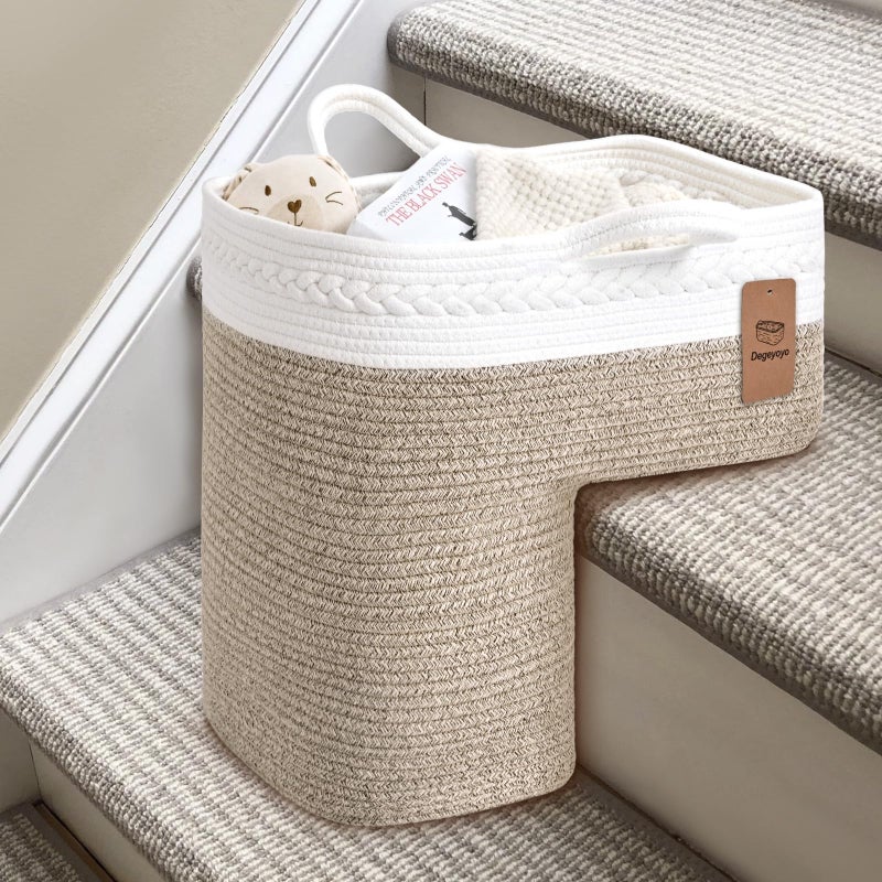Degeyoyo Woven Stair Basket, Stair Baskets for Wooden Stairs, Carpeted Stairs Storage Basket with Handles, Staircase Basket for Toys, Books, Brown, 15â€ L x 10â€ W x 15â€ H - Image 1