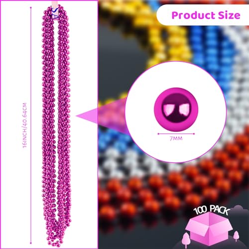 ZYFLSQ 100 Pcs 33" 7mm Metallic Hot Pink Beads Necklaces, Bulk Mardi Gras Beaded Necklaces, Party Beads Costume Necklaces (Hot Pink) - Image 2