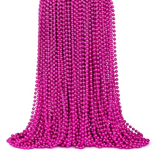 ZYFLSQ 100 Pcs 33" 7mm Metallic Hot Pink Beads Necklaces, Bulk Mardi Gras Beaded Necklaces, Party Beads Costume Necklaces (Hot Pink) - Image 1