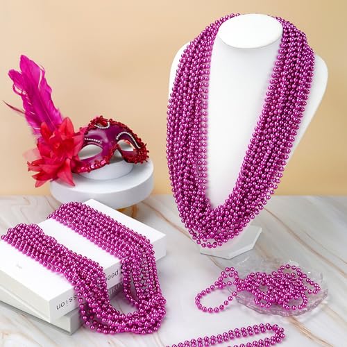 ZYFLSQ 100 Pcs 33" 7mm Metallic Hot Pink Beads Necklaces, Bulk Mardi Gras Beaded Necklaces, Party Beads Costume Necklaces (Hot Pink) - Image 5