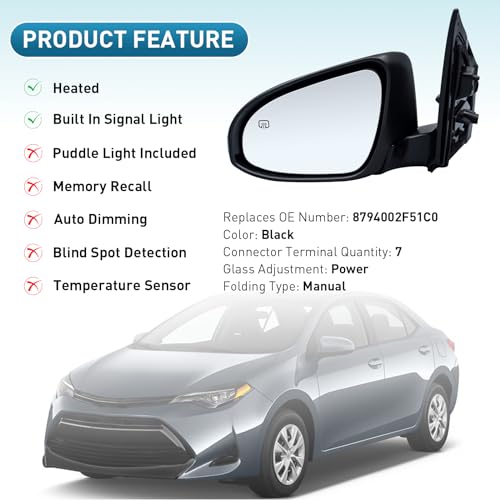 VMDCcdz Left Driver Side Mirror Compatible With Toyota Corolla 2014-2018 With Heated Turn Signal Light 7-Pins Power Glass Rear View Mirror - Image 2