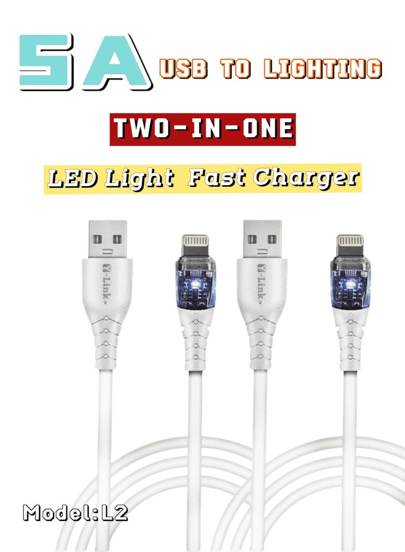 يلينكين كابل بيانات الشحن السريع Y-Link Lightning Twin-Pack  5.0A TurboCharge ×2 مع LED ثلاثي الألوان  التوافق العالمي لـ Apple و Huawei و Xiaomi و OPPO و VIVO و Honor و Samsung  1m كابلات بيضاء ×2 - Image 1