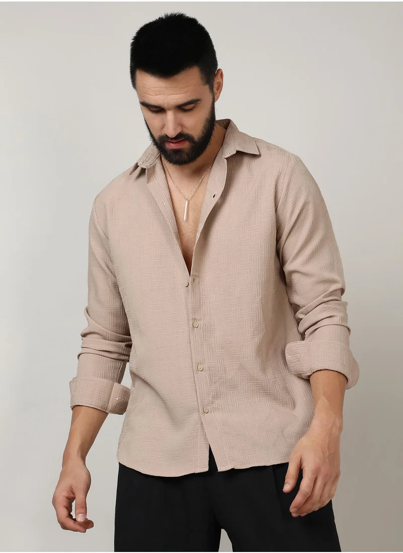 Campus Sutra Men's Beige Self-Design Intertwine Shirt