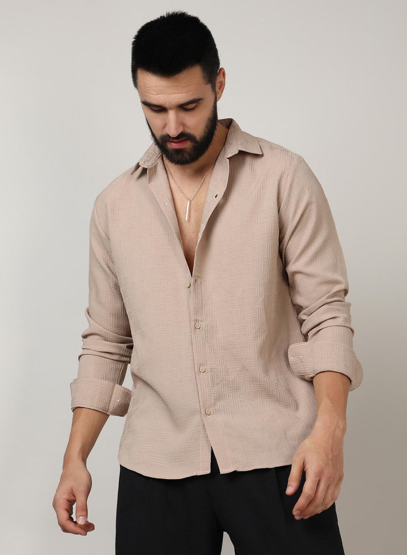 Campus Sutra Men's Beige Self-Design Intertwine Shirt  - Image 2
