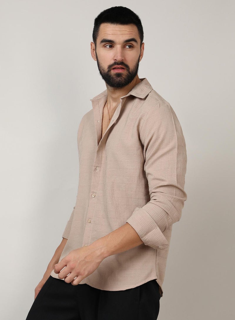 Campus Sutra Men's Beige Self-Design Intertwine Shirt  - Image 3