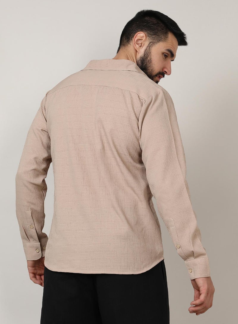 Campus Sutra Men's Beige Self-Design Intertwine Shirt  - Image 5
