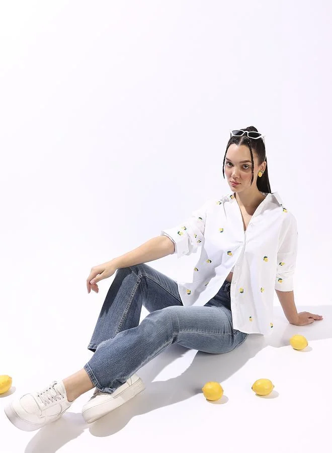 هاي ستار قميص نسائي أبيض مطرز بأزرار مقاس كبير قطن %