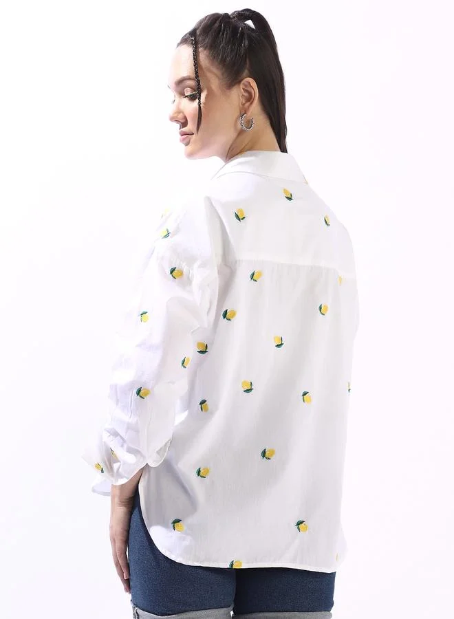 HIGH STAR Off White Women's Off White 100% Cotton Embroidered Button Down Oversized Shirt for Women | Best Price UAE