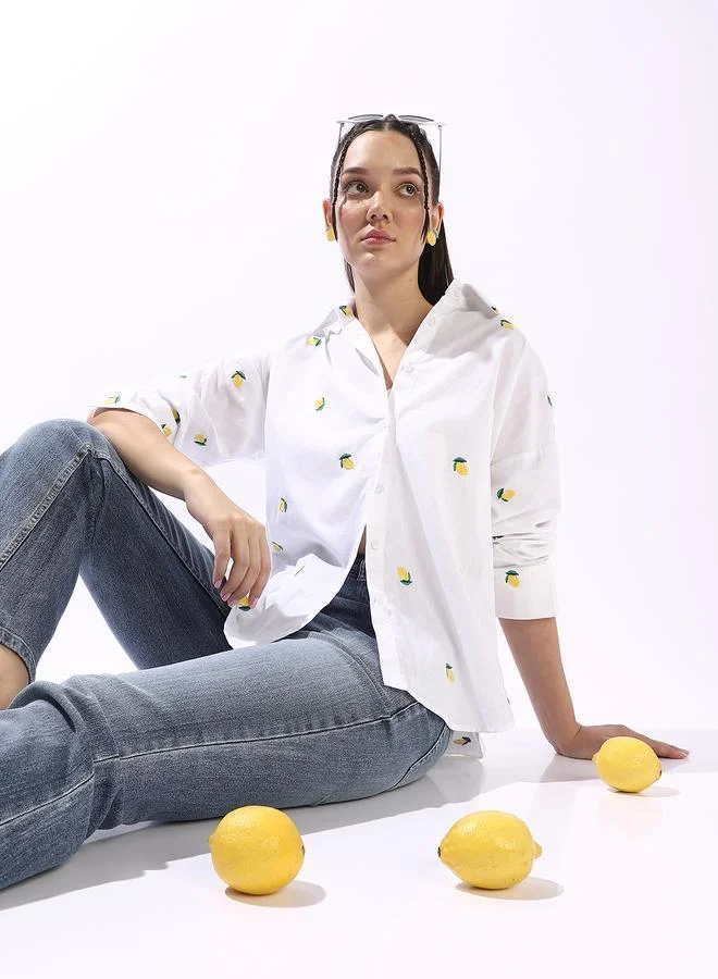 HIGH STAR Off White Women's Off White 100% Cotton Embroidered Button Down Oversized Shirt for Women | Best Price UAE