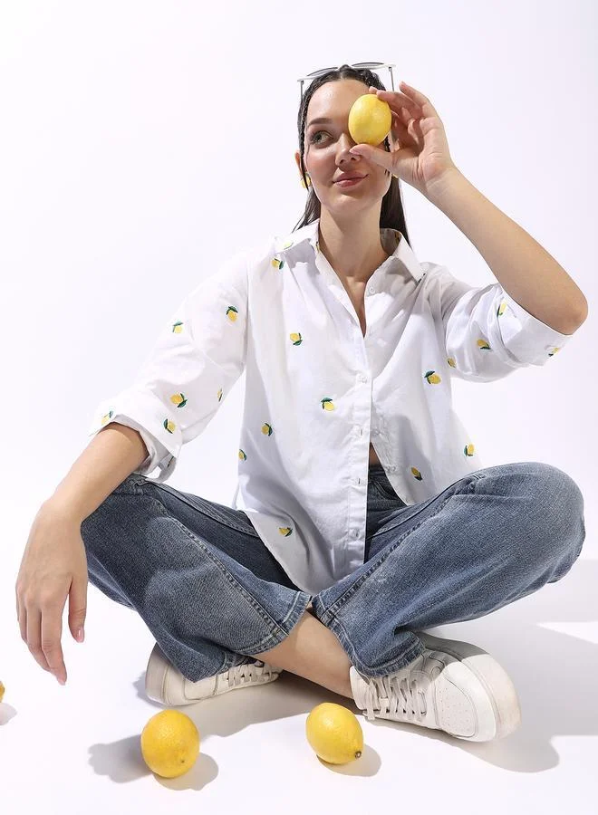 HIGH STAR Off White Women's Off White 100% Cotton Embroidered Button Down Oversized Shirt for Women | Best Price UAE