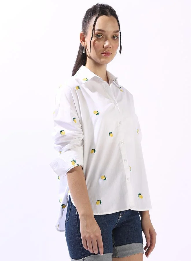 هاي ستار قميص نسائي أبيض مطرز بأزرار مقاس كبير قطن %