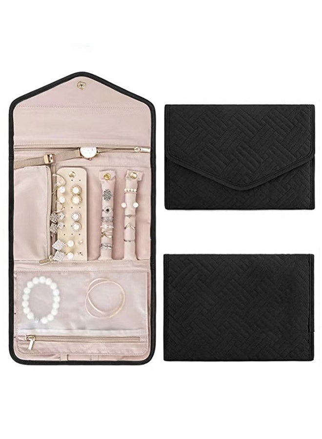 اس اس حقيبة تخزين مجوهرات للسفر مضادة للتشابك وقابلة للطي، صندوق مجوهرات صغير قابل للطي، مناسب للقلادات والأقراط والخواتم والأساور والساعات، لون أسود - Image 1