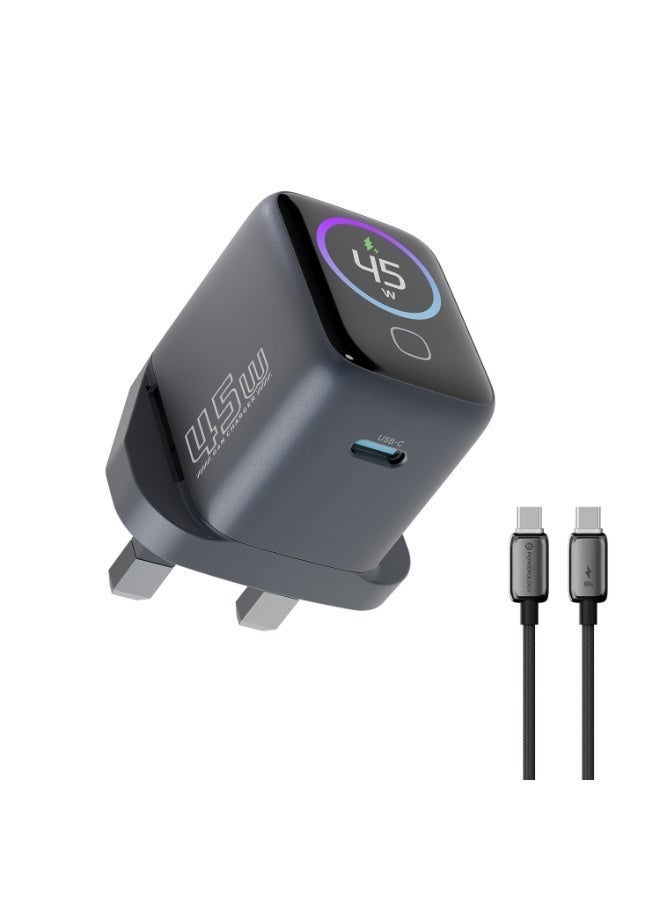 Powerology 45W USB C Charger with GaN Technology and Smart TFT Display, UCB-C Cable - Compact 45W Wall Charger With Type-C Port for Smartphones, Tablets, and AirPods - Compatible with iPhone Air, iPhone 17, 16, 15, 14, 13, 12 All Versions, iPad Pro / Air, MacBook Air, Samsung Galaxy S25 / S24 / S23 - Image 1