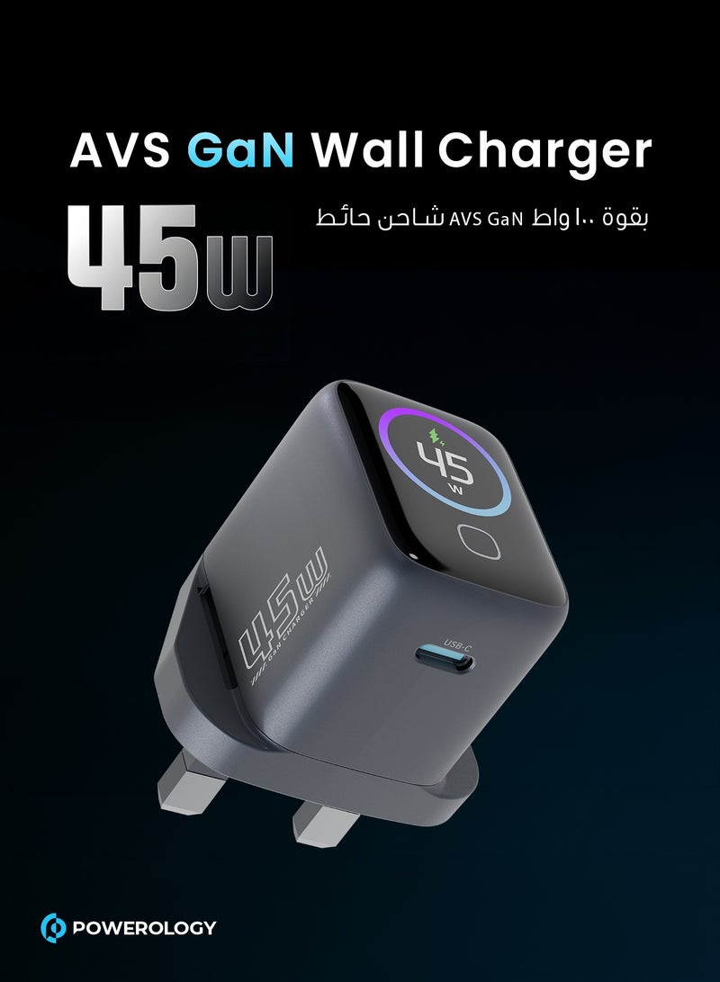 Powerology 45W USB C Charger with GaN Technology and Smart TFT Display, UCB-C Cable - Compact 45W Wall Charger With Type-C Port for Smartphones, Tablets, and AirPods - Compatible with iPhone Air, iPhone 17, 16, 15, 14, 13, 12 All Versions, iPad Pro / Air, MacBook Air, Samsung Galaxy S25 / S24 / S23 - Image 2