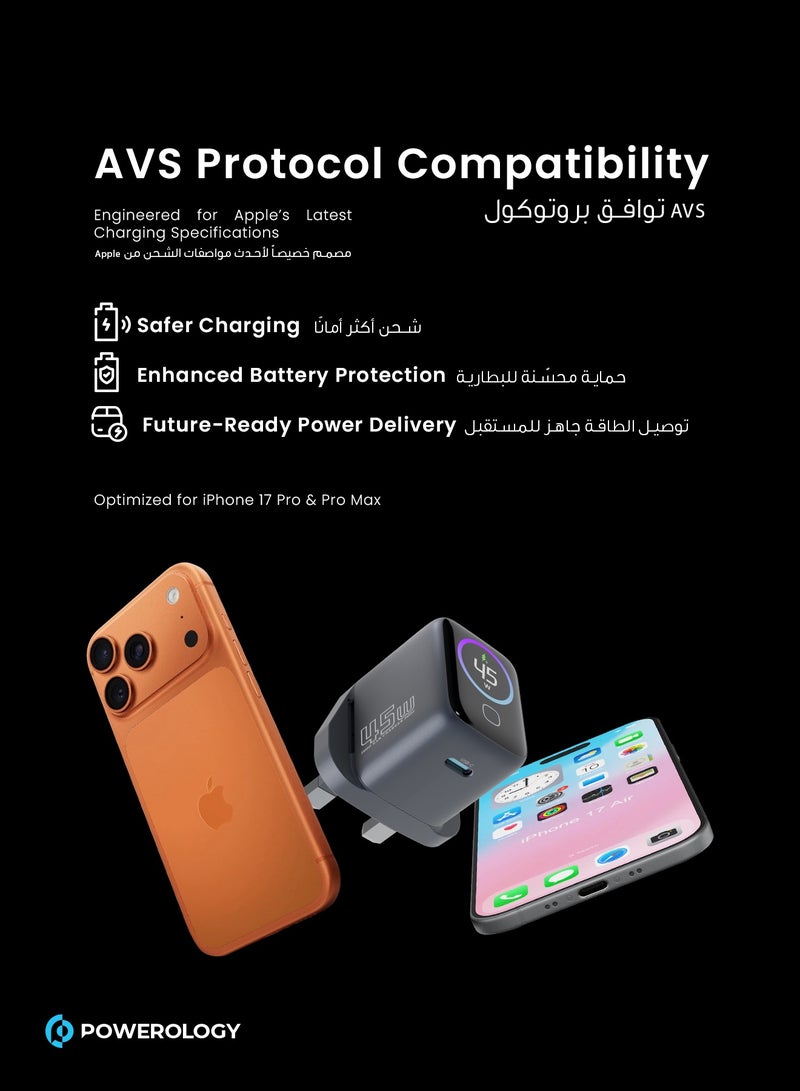 Powerology 45W USB C Charger with GaN Technology and Smart TFT Display, UCB-C Cable - Compact 45W Wall Charger With Type-C Port for Smartphones, Tablets, and AirPods - Compatible with iPhone Air, iPhone 17, 16, 15, 14, 13, 12 All Versions, iPad Pro / Air, MacBook Air, Samsung Galaxy S25 / S24 / S23 - Image 4