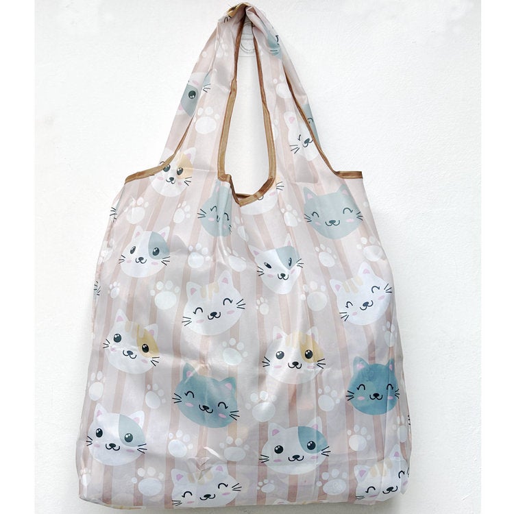 Portable Folding Floral Shopping Bag Pink cat 