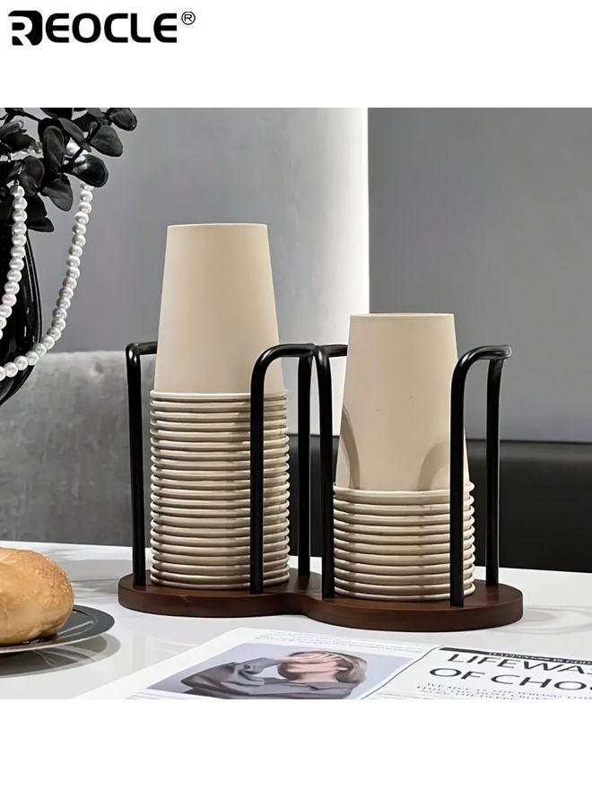 REOCLE Wooden Double Cup Holder with Sleek Modern Design and Stable Base Structure Desktop Cup Organizer with Natural Finish for Home Office Coffee Tea Decor