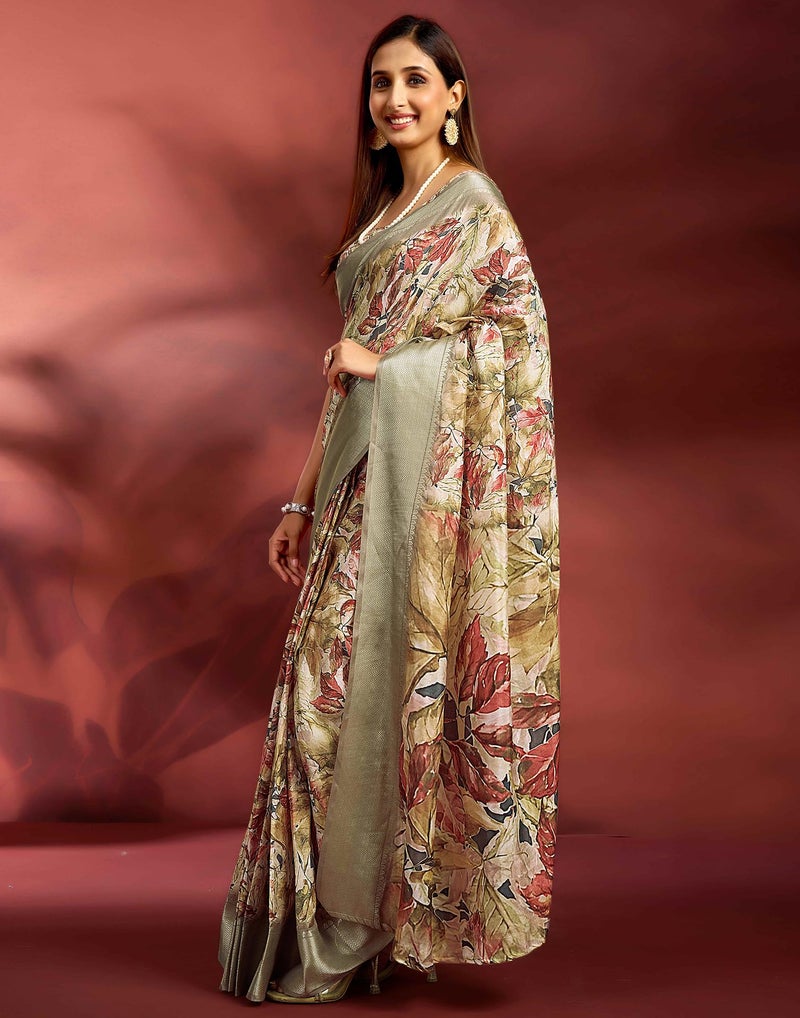 SIRIL Women's Dola Silk Printed Jacquard Border Ready To Wear Saree with Unstitched Blouse Piece (65RS198_Beige) - Image 2