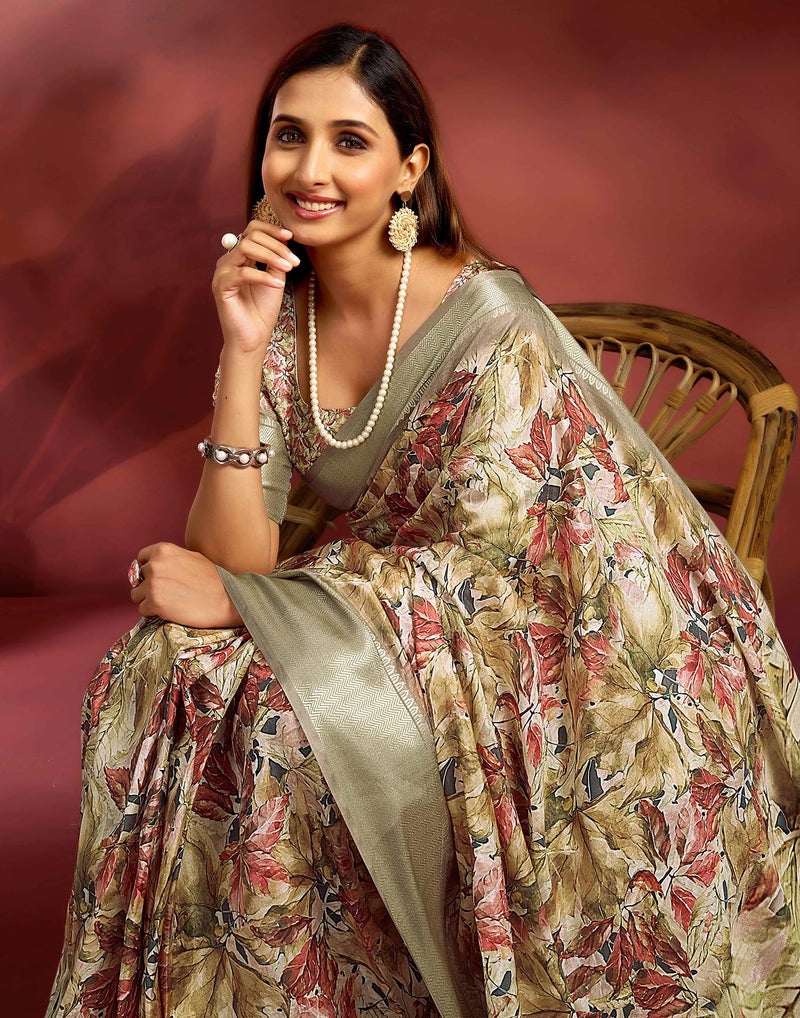 SIRIL Women's Dola Silk Printed Jacquard Border Ready To Wear Saree with Unstitched Blouse Piece (65RS198_Beige) - Image 5